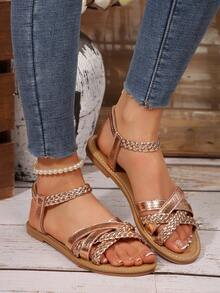 2026新款舒适纯色圆头时尚百搭交叉绑带女士平底凉鞋，夏季新款休闲露趾轻便凉鞋，沙滩鞋 - 玫瑰金 - 查看 2