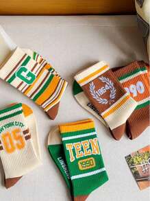 5双复古美式条纹中筒袜，复古英伦风格字母图案，随机搭配