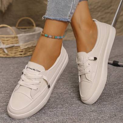 Plus Size Women's Beige Sneakers, Fashion Casual White Vulcanized Shoes, Flat Bottom Lace-Up School Shoes, Versatile Sporty Sneakers