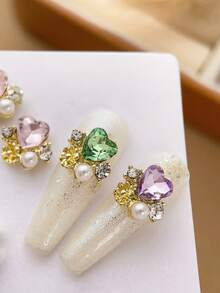 10pcs Heart-Shaped Rhinestone Nail Art Charms, Inlaid Faux Pearls, Luxury Y2K Metal Nail Accessories, Bright White, Pink, Red, Green, Purple Rhinestone Nail Gems, Suitable For Various DIY Nail Decorations - Multicolor - View 4