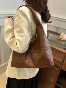 时尚女士编织新月形单肩包，PU 皮革，带零钱包，适合购物、钱包、年轻女士、女大学生、办公室职员，非常适合办公室、大学、工作、商务、通勤、户外活动、旅行和徒步旅行 - 棕色 - 查看 6