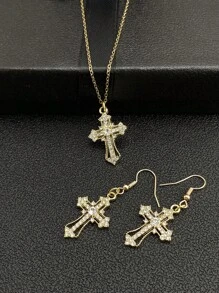 1 ketting + 1 paar oorbellen, donkere stijl, diamanten kruishanger, oorbellen, opengewerkte punkstijl sieradenset voor dames