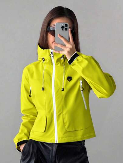 1 Peça Jaqueta Corta-Vento Curta Feminina, Casaco Leve de Primavera com Capuz e Multi-Bolsos, Fechamento com Zíper, Casual para Uso Externo