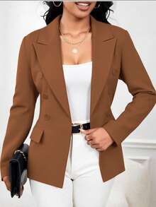 Women's Tailored Blazer Fake Pocket With Lined Buttons Double Pocket Simple Elegant - màu nâu - Xem 2