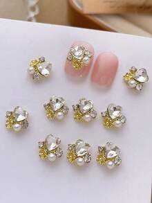 10pcs Heart-Shaped Rhinestone Nail Art Charms, Inlaid Faux Pearls, Luxury Y2K Metal Nail Accessories, Bright White, Pink, Red, Green, Purple Rhinestone Nail Gems, Suitable For Various DIY Nail Decorations - Multicolor - View 5