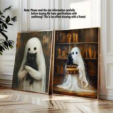 2 件鬼抱着黑猫墙壁艺术、万圣节哥特式海报、恐怖鬼魂印刷品、恐怖猫插图黑暗艺术装饰、图书馆帆布印刷品、墙壁艺术、海报、带框架的墙壁艺术、万圣节家居装饰，适用于客厅、卧室、办公室等 - 非常适合节日、壁画、海报、生日礼物、毕业礼物 - 帆布材料（可选框架）