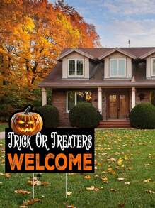 Large Trick Or Treaters Welcome Happy Halloween Yard Sign Home Outdoor Lawn Decoration With Stakes,Halloween Decorative Ground Plugs For Garden Patio Gates,Trick Or Treat Pumpkin Scary Spooky Decor