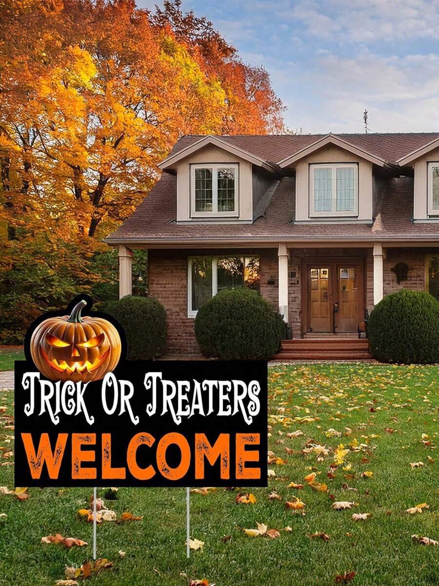 Large Trick Or Treaters Welcome Happy Halloween Yard Sign Home Outdoor Lawn Decoration With Stakes,Halloween Decorative Ground Plugs For Garden Patio Gates,Trick Or Treat Pumpkin Scary Spooky Decor