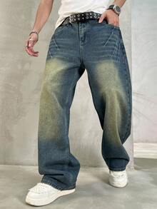 Men's Vintage Washed Loose Straight Leg Casual Jeans, Street Wear Everyday Versatile Denim Pants - Blue - View 2