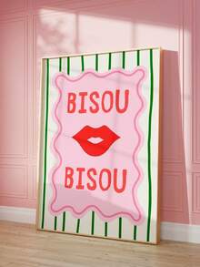 1pc Bisou Bisou French Lips Art Print Vintage Red Lips With "Kiss Kiss" Quote & Girly Aesthetic Wall Decor, Frameless Canvas Poster For Girls Room Decor, Dorm Decor, Home Decor, Back To School, Perfect Gift For Her & Party Decoration - Multicolor - View 3