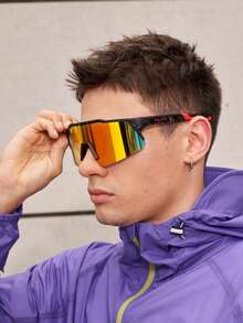 1 pieza Gafas de moda reflectantes y coloridas, con marco degradado y sobresaliente, adecuadas para el verano, festivales, vacaciones, viajes y uso al aire libre - Película de puntos negros/grises/rojos - Ver 3