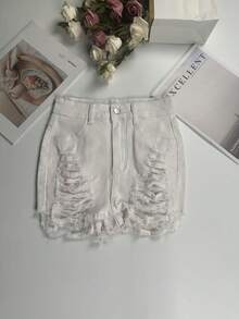 Sexy Solid Color Ripped Frayed Hem Fitted Shorts, Fashionable & Playful, Versatile Outdoor Women's Wear, Unique Halloween Jacket - White - View 8