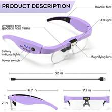 Newn Magnifying Glass  Light 1.5X To 5.0X, Rechargeable Magnifying Glass Head , Lighted Magnify Glass  4 Detachable Lens,  Headt For Clo Work Reading Jewelry - 紫色 - 查看 5
