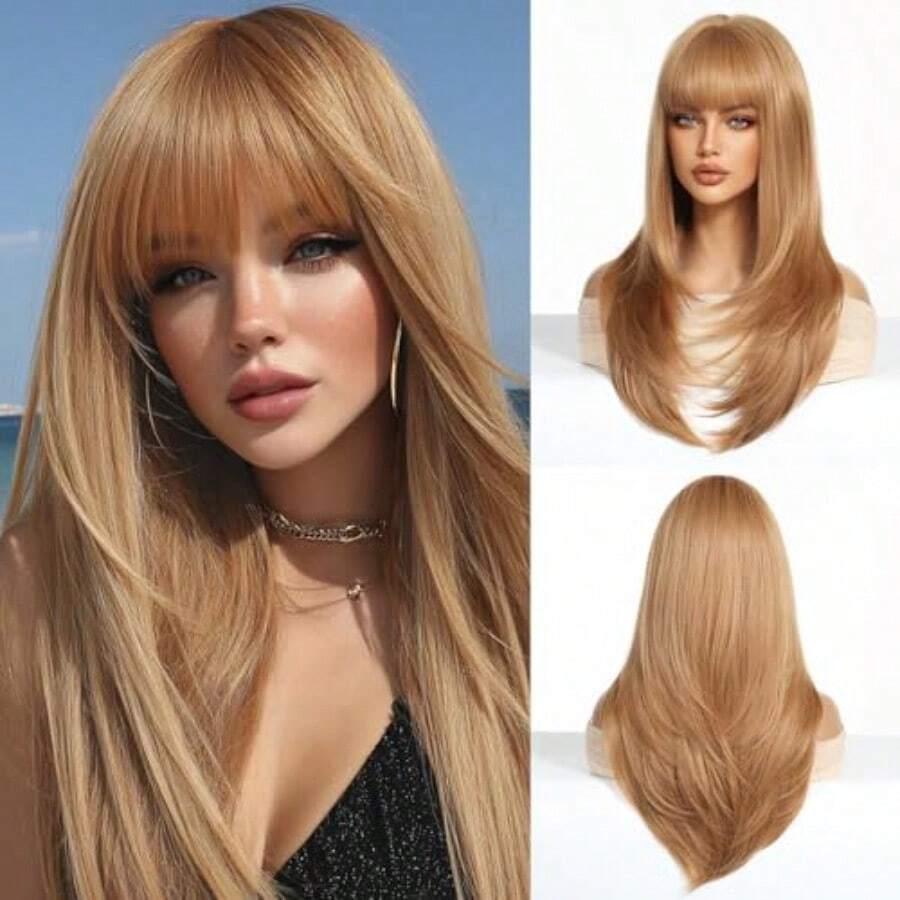 Strawberry Blonde Wig With Bangs Long Straight Wigs For White Women Layered Wig Synthetic Natural Hair Wigs For Women Hair Replacement Wig Realistic For Cosplay Holiday Daily Party Use 24 Inch01 - Blonde - View 1
