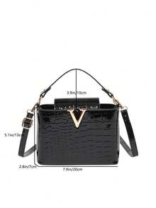 新款女士鳄鱼压纹 V 形金属手柄托特包，时尚单肩斜挎水桶包，适合通勤 - 黑色 - 查看 3
