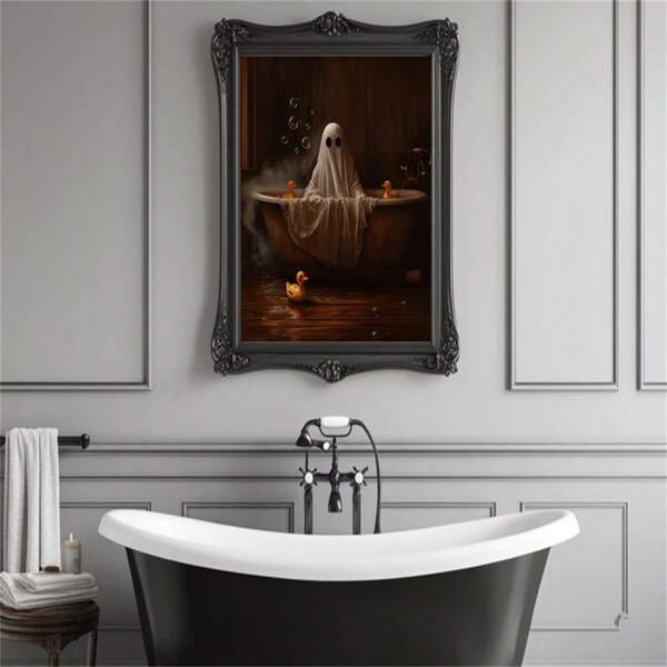 1pc Unframed Ghost Bubble Bath Canvas Painting, Dark Collegiate Style, Halloween Gothic Bathroom Bathtub Decorations, Funny Ghost Toys Duck Posters, Wall Art, Room Decoration Stuff,Halloween,Fall Modern,Vintage(Optional Frame)