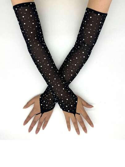 1 Pair Fashionable Rhinestone Net Gloves, Elastic Sequin Mesh Gloves, For Rave Festival Outfit Accessories