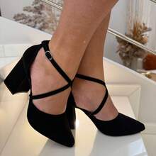 Women's Pumps Shoes Cross Straps High Heel 8 Cm Thick Shiny Elegant Original Show Show - 黑色 - 查看 3
