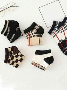 5/10 Pairs Ladies Short Socks With Letter & Stripe Pattern, Lightweight Luxury French Vintage Fashionable Versatile, Spring/Summer