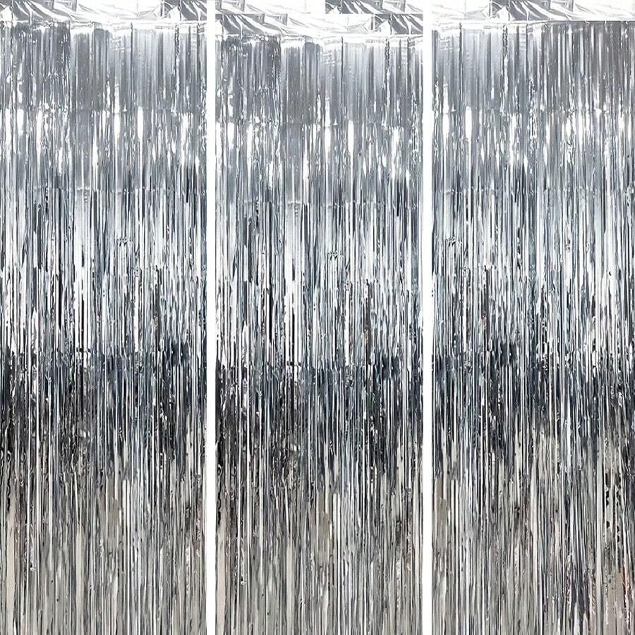 3 piezas Cortinas de flecos de aluminio metalizado, telón de fondo plateado y dorado para fotomatón de fiesta, cumpleaños, boda, compromiso, despedida de soltera, homecoming, Acción de Gracias, decoración navideña