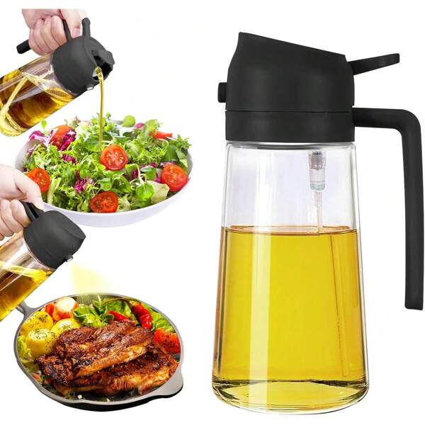 2 in 1 Öldosierer und Ölsprüher, 470ml Dosierflasche zum Sprühen und Gießen, Glas Olivenölsprüher zum Kochen, Ölsprühflasche Zerstäuber für Grill, Heißluftfritteuse, Küche