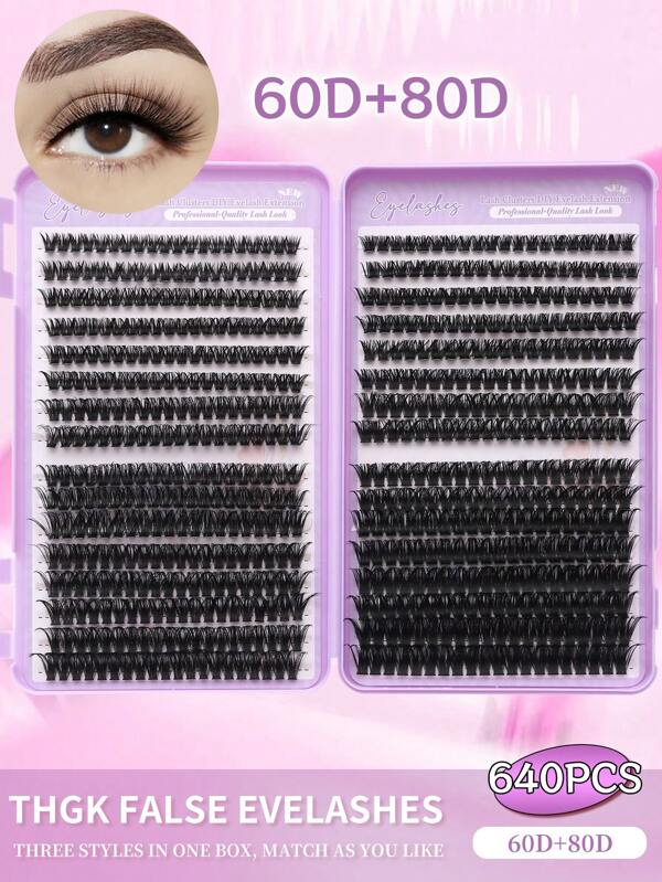 Kit de pestañas agrupadas de 640 piezas - Rizo 60D+80D 8-16 mm longitud mixta, volumen natural y esponjoso DIY extensiones de pestañas de visón falso reutilizables, ligeras y hipoalergénicas (ideal para principiantes) para boda/fiesta/uso diario
