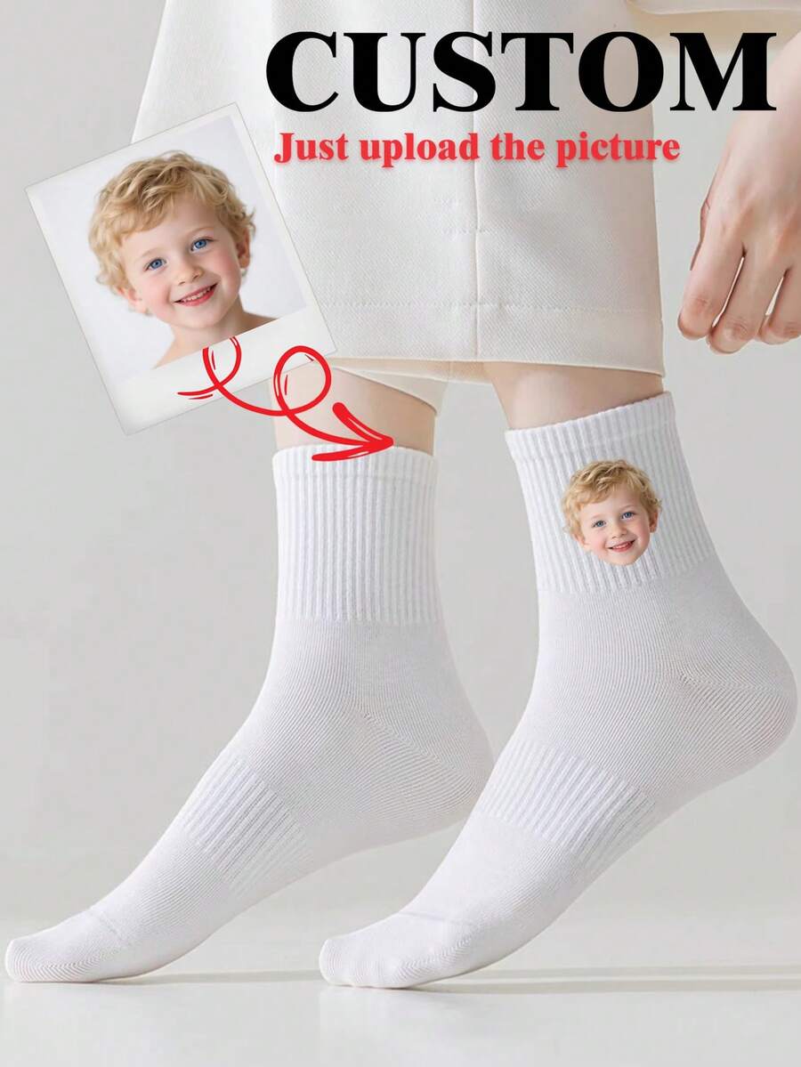1 Pair Customized Face Socks, Couple Socks, Photo Printed Socks, Personalized Funny Face Socks, Can Print Any Face On Socks, Anniversary Gift, Valentine's Day Gift, Birthday Gift, Wedding Gift, Autumn Socks, Comfortable & Breathable, Create Christmas Home Atmosphere - White - View 1