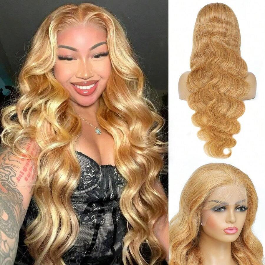 Honey Blonde Wig Human Hair 13x6 Body Wave Hd Lace Front Wigs Human Hair Pre Plucked 27# Colored Blonde Lace Frontal Wig 180% Density Real Hair Wavy Human Lace Front Wigs For Black Women 30Inch01 - HoneyBlonde-27# - View 1