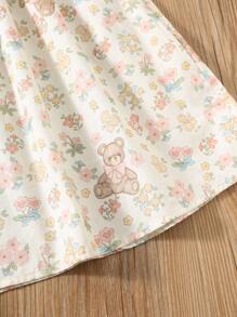 Girl Summer Dress With Bear Embroidery, Short Sleeve Peter Pan Collar Knee Length, Sweet Young Lady Style