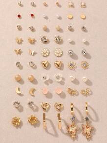 30 Pairs Children Sweet Bowknot, Heart, Faux Pearl Flower, Rhinestone Stud Earrings Set, Gift For Girls