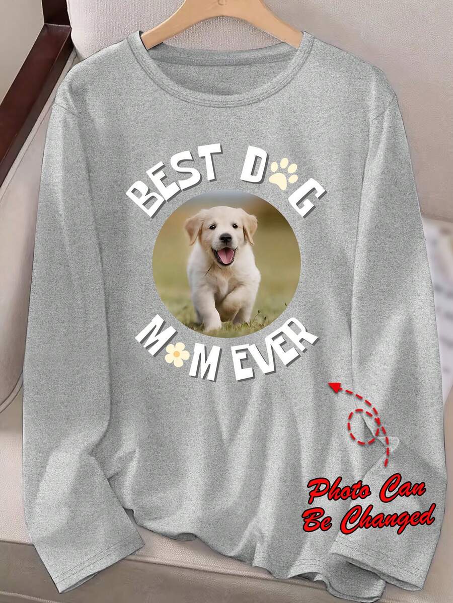 Plus Size Custom Printed Long Sleeve Sleepwear Top, Fall & Winter, Cozy - Light Grey - View 1