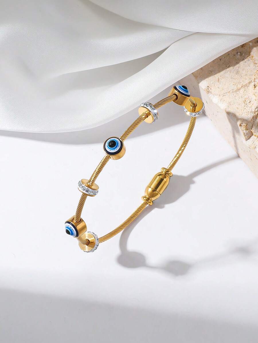 1 buah Gelang Rantai Manik-Manik, Gelang Dekorasi Mata Setan Berlian Imitasi dari Baja Tahan Karat Berlapis Emas 18K untuk Wanita