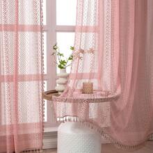 Blush Pink Curtains 2 Panels 84 Inches Long Cotton Crochet Lace Sheer Curtain Cute Soft Baby Pink Curtains For Girls Room Nursery Living Room,Rod Pocket Tassel Semi Sheer Drapes,Dusty Grey Pink - 粉色 - 查看 5