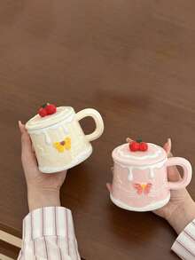 1个ins风樱桃蛋糕杯，高品质樱桃水杯，带盖陶瓷杯，情侣早餐咖啡杯，生日礼物