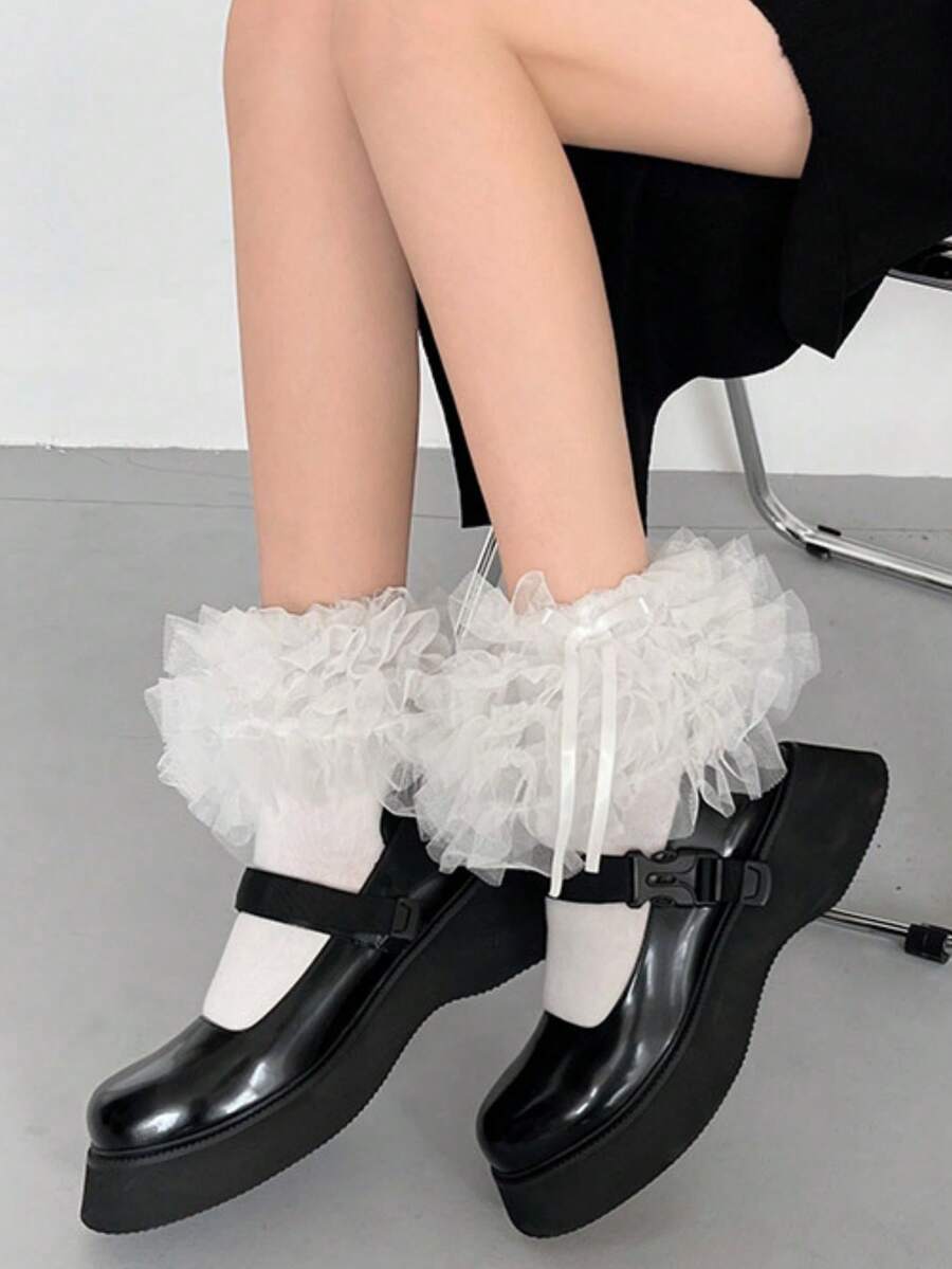 1 Paar Damen Sommer dünne einfarbige Mehrlager-Spitzen-Volant Kniestrümpfe, süßer Lolita Millennium Mädchen Stil