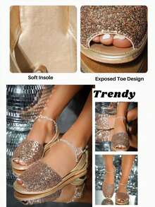 planare 女士休闲露背露趾一脚蹬亮片沙滩凉鞋，平跟