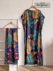 1 套花卉印花超大缎面长袍、披肩和围巾套装，时尚百搭夏季沙滩罩衫、防晒装