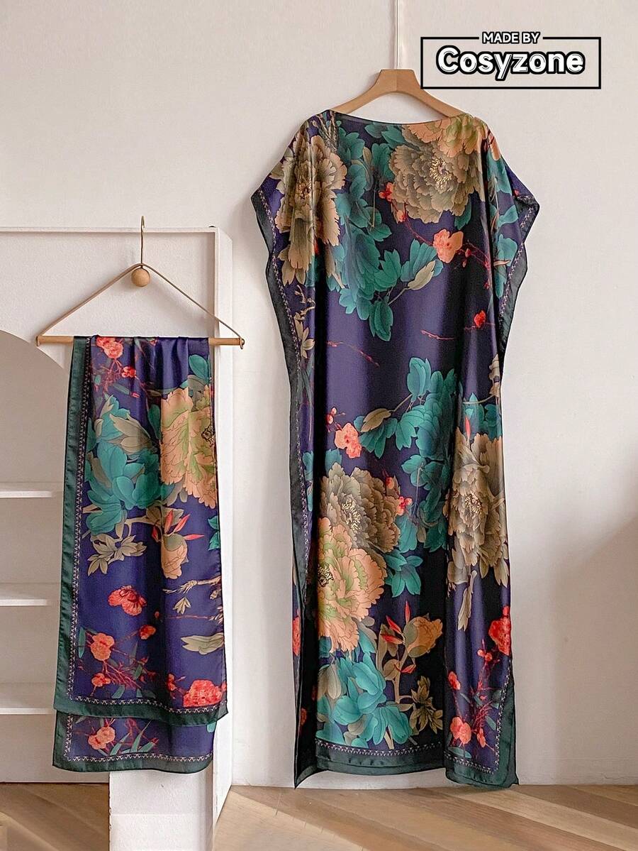 1 套花卉印花超大缎面长袍、披肩和围巾套装，时尚百搭夏季沙滩罩衫、防晒装