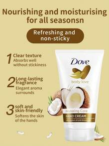 Dove 1支75毫升多芬椰子护手霜，长效保湿滋养，防止干燥。天然椰子油+保湿精华，质地柔滑易吸收，修护粗糙肌肤，提亮手部肌肤。适合秋冬季干燥肌肤，每日使用。