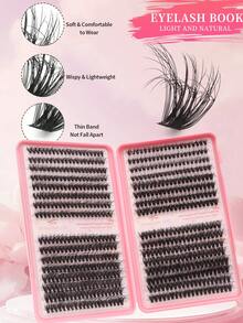 640片D型卷翘蓬松簇状假睫毛，7D扇形睫毛（40D+50D），5D蓬松效果，混合长度8-16mm，打造凌乱而浓密的妆效，可重复使用的单段式假睫毛嫁接套装，适合初学者、日常、婚礼、约会、派对、音乐节、万圣节等场合。