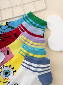 5 Pairs Fun Personalized Cartoon Cute Multi-Color Jacquard Spongebob Octopus Face Striped Pattern Short Socks, Sports Style, All Season, US/EU Sizes, Comfortable Breathable , Rich Colors, Suitable For Daily Wear, Premium Fabric, Non-Smelly - Multicolor - View 3