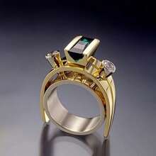 [Golden Emerald Ring] Stylish Golden-Tone Elegant Women's Ring - Synthetic Emerald And Diamond Accents, Alloy Material, Perfect For Daily Wear Or Y2K/Simple Style Parties - 彩色 - 查看 1