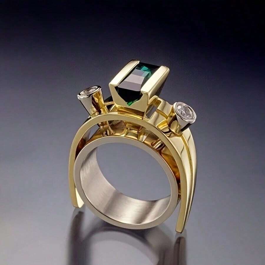 [Golden Emerald Ring] Stylish Golden-Tone Elegant Women's Ring - Synthetic Emerald And Diamond Accents, Alloy Material, Perfect For Daily Wear Or Y2K/Simple Style Parties - 彩色 - 查看 1