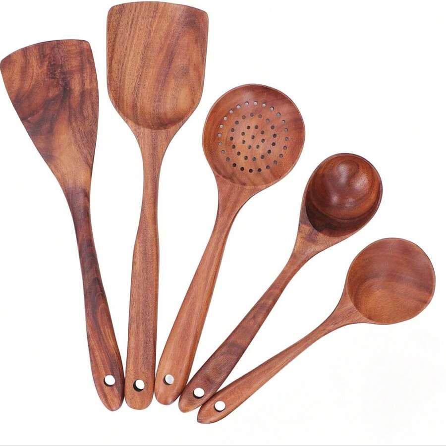 5 A 5-Piece Set Of Wooden Kitchen Utensils Designed For Home Use, Hotels And Restaurants. Made Of Natural Wood, It Is Safe And Odorless, Resistant To Corrosion And High Temperatures, Making Cooking Safer! - 咖啡棕 - 查看 1