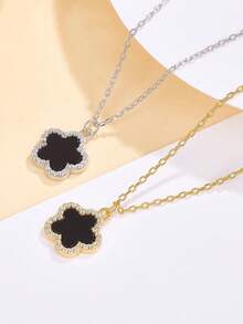 1 套 925 纯银防过敏幸运四叶草项链、吊坠耳环 - 五叶花图案镶嵌人造黑玛瑙 - 甜美可爱，适合女孩日常佩戴/派对 - 送给女儿朋友的理想幸运礼物