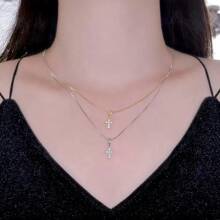 1pc Fashionable Cubic Zirconia Cross Stainless Steel Pendant Necklace, Suitable For Daily Wear, Party And Casual