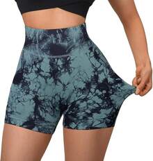 Shorts de cintura alta sin costuras para entrenamiento - Teñido anudado verde oscuro de 3" - Ver 9