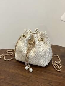 2025 New Woven Small Bucket Bag For Women, Chic Drawstring Chain Shoulder Messenger Bag - Beige - View 4