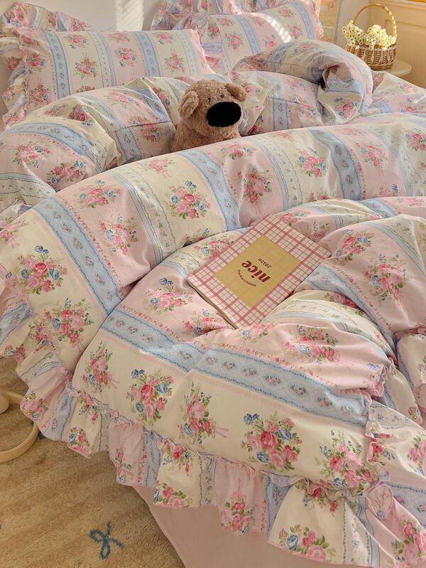 Muroi Mono 4pcs Floral Lace Bedding Set, Soft & Comfortable Bedroom Linens, Cute Floral Pattern, Breathable & Soft All Season Bedding Set Including 1 Duvet Cover, 1 Flat Sheet, 2 Pillow Shams, No Filling, Suitable For Bedroom, Dorm, Home Use, Multiple Sizes Available