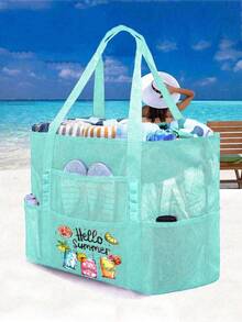 网状沙滩包大号沙滩手提包，带拉链封口的多用途整理袋，可折叠方便大号网状手提包轻便，适合家庭使用沙滩包，可装玩具和度假必需品，书包，大容量，防水，轻便，便携，可折叠